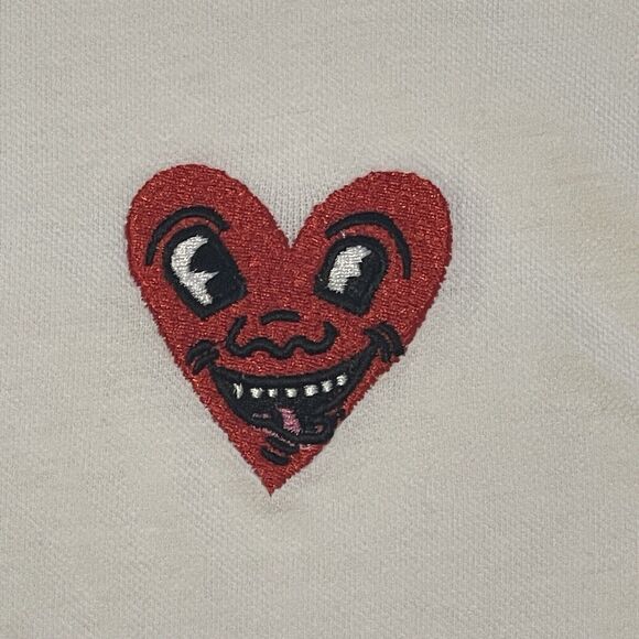 Reason Clothing Keith Haring Embroidered Heart Polo Shirt White Men Lrg New Tag - Picture 3 of 11